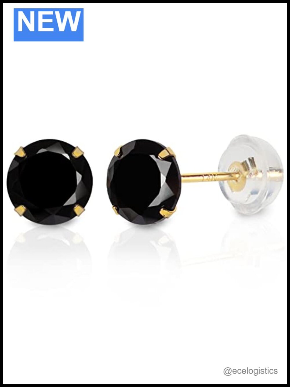 14k Solid Yellow Gold Black Cz Stud Earrings Chunky Silicone Flat Backs